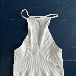 White Ribbed Crop Top with Deep Eye Slit Opening Center